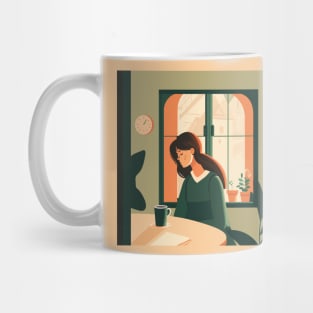 Illustration of handsome woman sitting with cup of coffee near window with view of city Mug